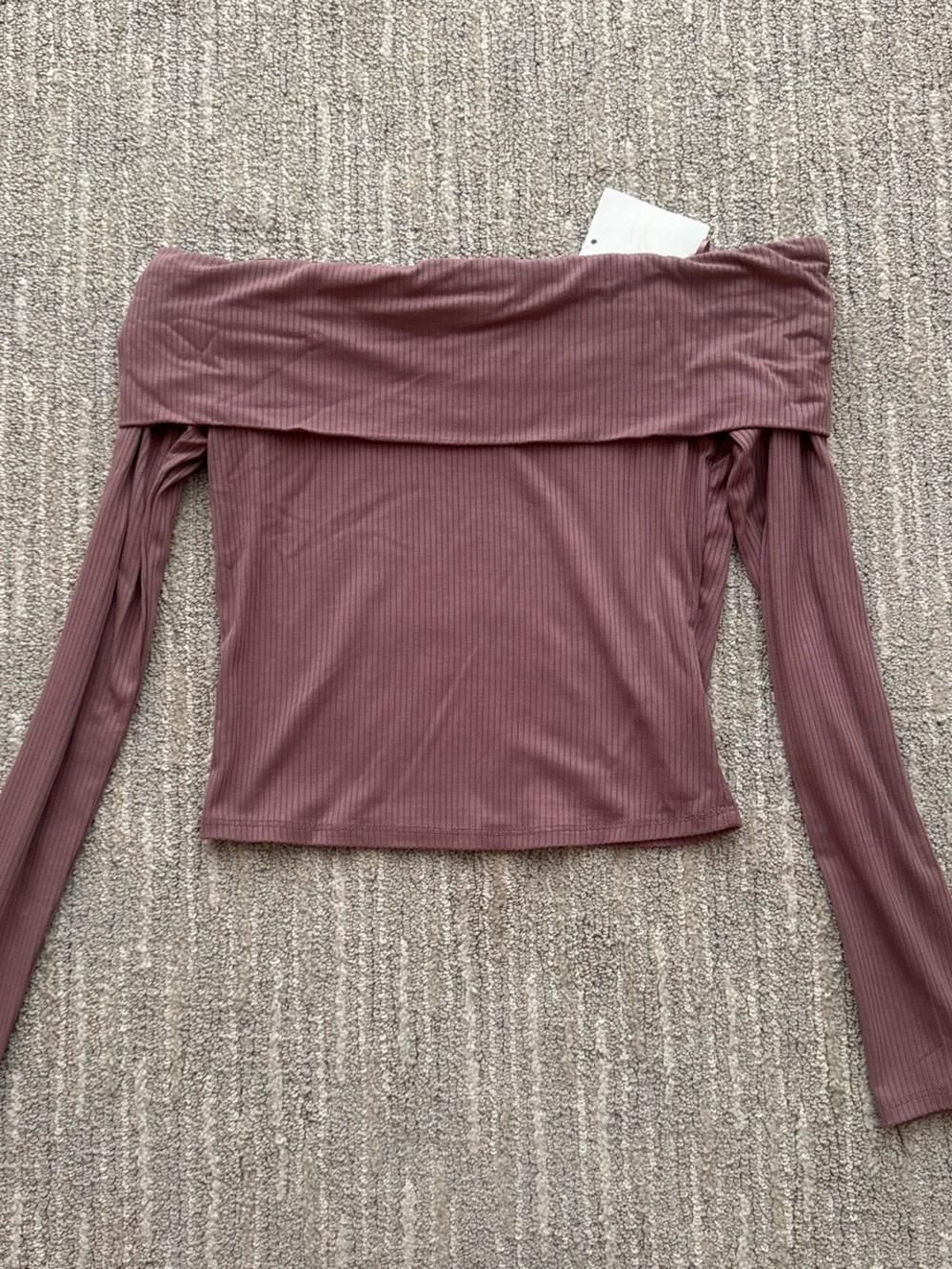 Off-Shoulder Long Sleeve Ribbed Top - Mauve